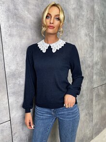 Schiffy Peter Pan Collar Ribbed Knit Pullover - Navy Blue - View 6