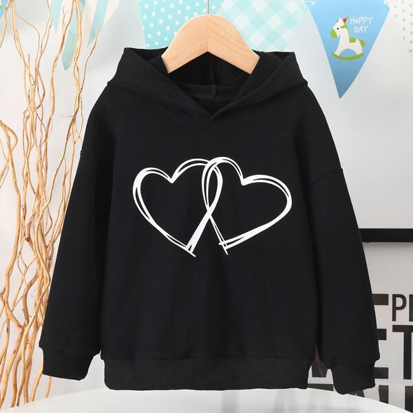 

Toddler Girls Heart Print Drop Shoulder Hoodie, Black