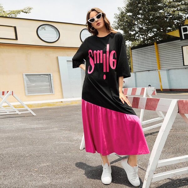 

Letter Graphic Drop Shoulder Two Tone Dress, Black