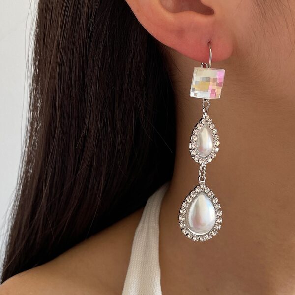 

Faux Pearl & Rhinestone Decor Water Drop Earrings, Silver