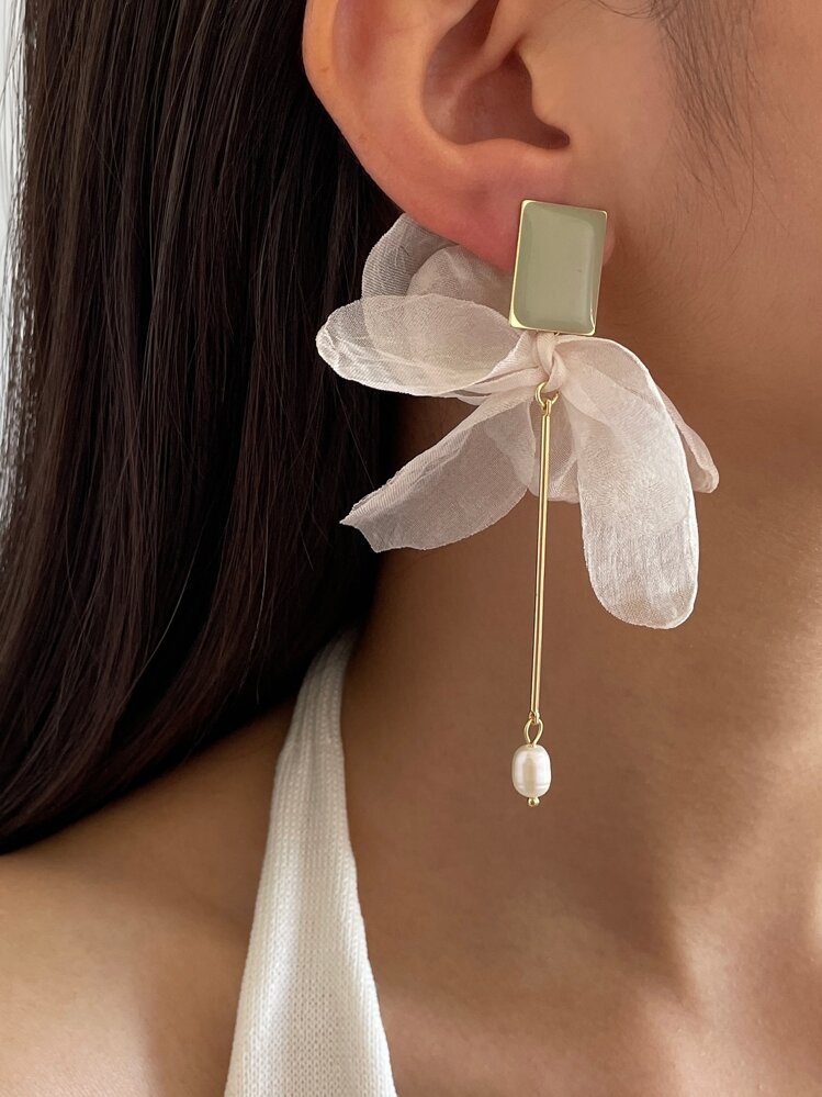 Ngọc trai Giả & Chất vải Trang trí Bow Thả hoa tai - Nhiều màu - Xem 1