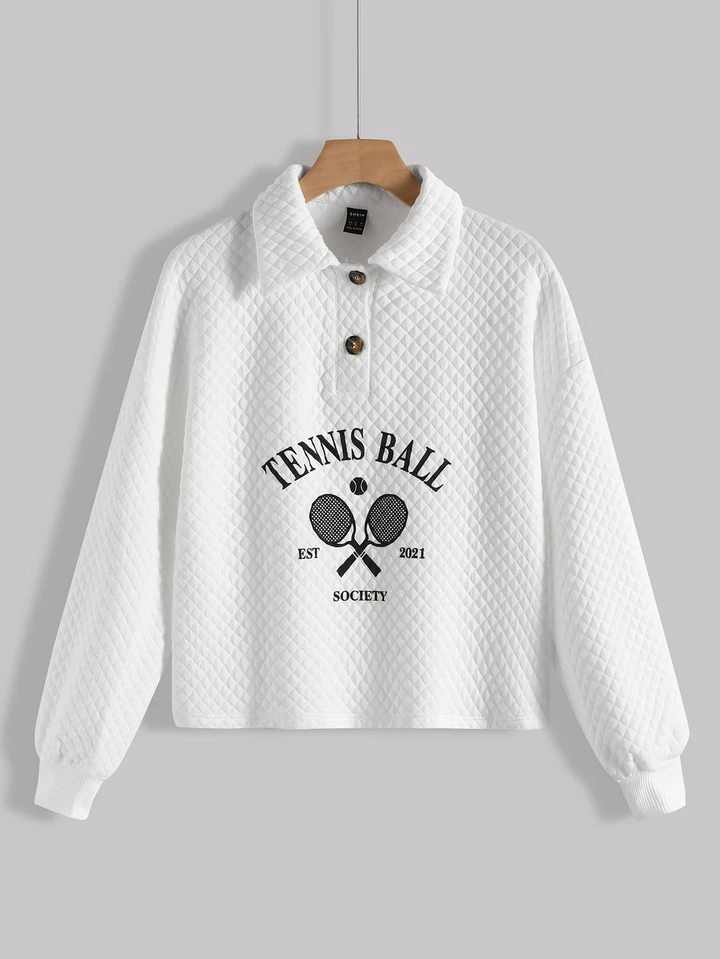 Tennis Racket & Letter Graphic Drop Shoulder Pullover | SHEIN USA