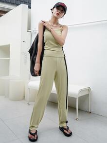 DAZY con costura lateral en contraste Top de tirantes con Pantalones - Verde Lima - Ver 4