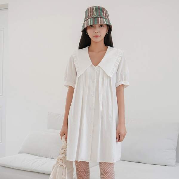 

Frill Trim Peter Pan Collar Shirt Dress, White