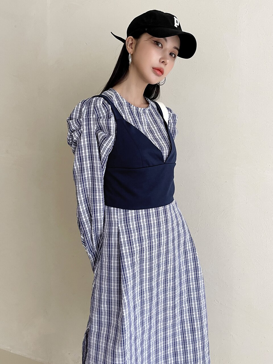 Plaid Print Split Thigh Dress & Button Back Cami Top