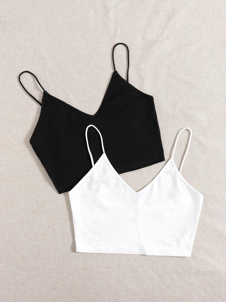 SHEIN EZwear Plus 2pcs Solid Crop Cami Top - Black and White - View 3