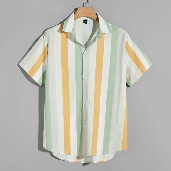 

Guys Striped Button Front Curved Hem Shirt, Multicolor
