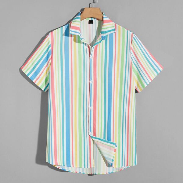 

Guys Striped Button Front Curved Hem Shirt, Multicolor