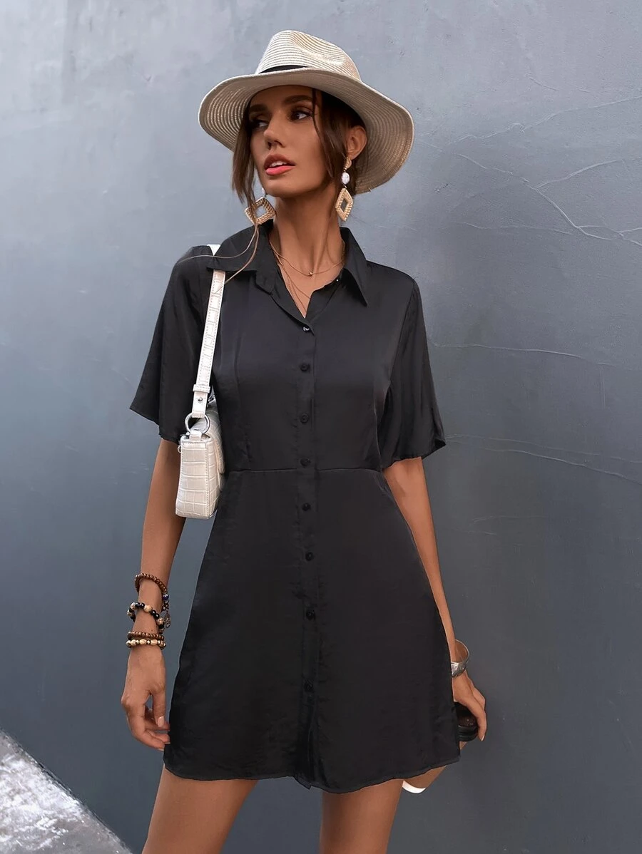 Solid Button Front Shirt Dress