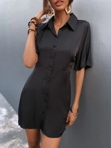 Solid Button Front Shirt Dress