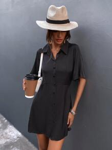 Solid Button Front Shirt Dress