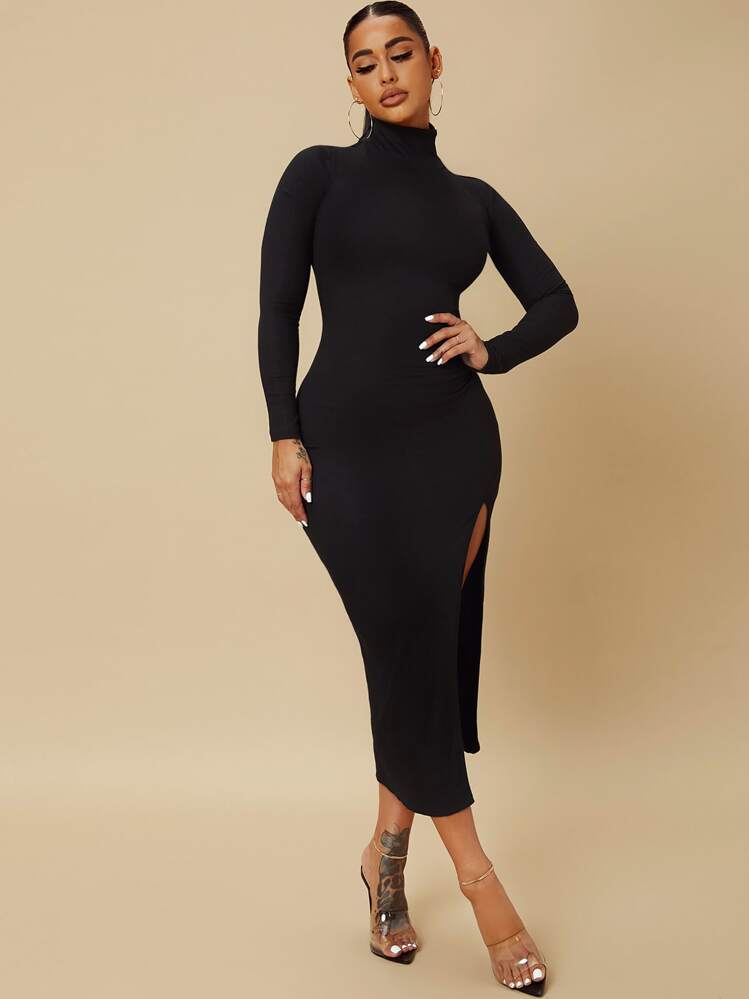 SHEIN SXY Turtleneck Split Thigh Dress - Black - View 4