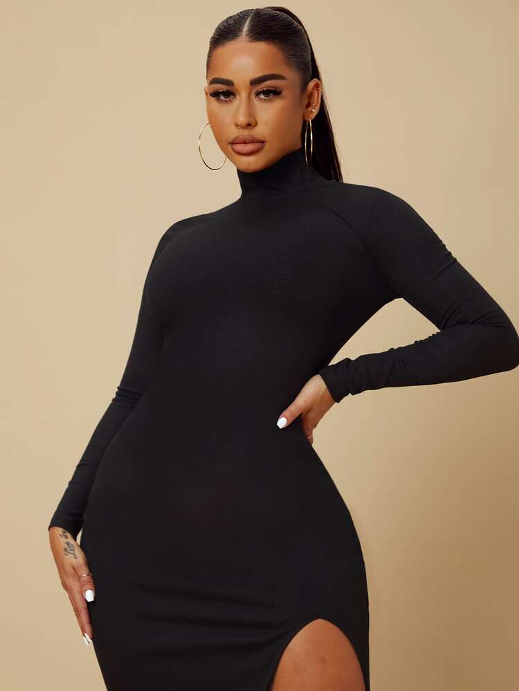 SHEIN SXY Turtleneck Split Thigh Dress - Black - View 5