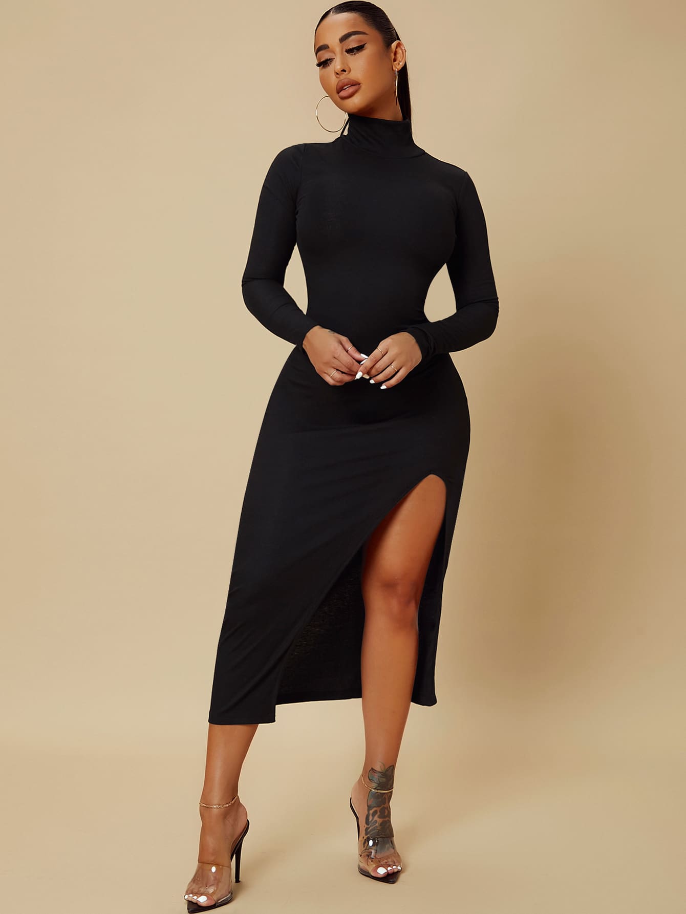 SHEIN SXY Turtleneck Split Thigh Dress - Black - View 1