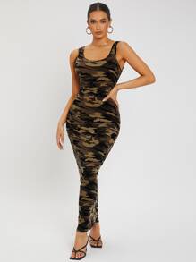 SHEIN SXY 迷彩大圓領緊身連衣裙 - 軍綠色 - 查看 1