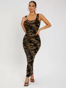 SHEIN SXY 迷彩大圓領緊身連衣裙 - 軍綠色 - 查看 4