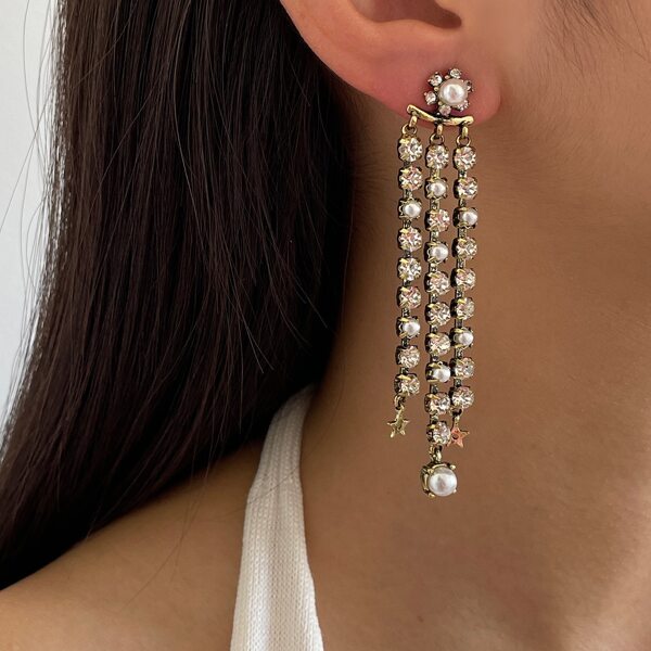

Rhinestone Tassel Drop Earrings, Gold