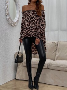 EMERY ROSE Off-Shoulder Leopard Print High Low Blouse,Long Sleeve Tops Fall Cloth For Women - Multicolor - View 4