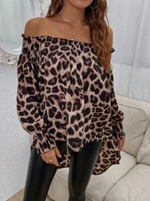 EMERY ROSE Off-Shoulder Leopard Print High Low Blouse,Long Sleeve Tops Fall Cloth For Women - Multicolor - View 5