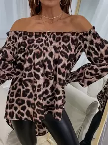EMERY ROSE Off-Shoulder Leopard Print High Low Blouse,Long Sleeve Tops Fall Cloth For Women - Multicolor - View 6
