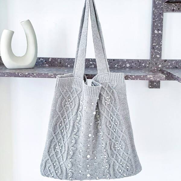 

Faux Pearls Decor Knitting Tote Bag, Grey