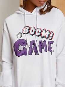 Penelope Ping Letter Graphic Drop Shoulder Drawstring Hooded Sweatshirt Dress - White - View 5