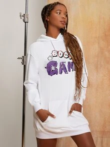 Penelope Ping Letter Graphic Drop Shoulder Drawstring Hooded Sweatshirt Dress - White - View 4