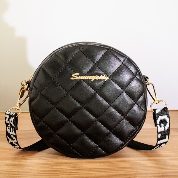

Letter Graphic Quilted Pattern Circle Crossbody Bag, Black