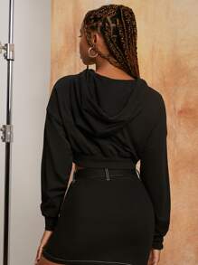 Penelope Ping Lightning & Letter Graphic Drop Shoulder Drawstring Hoodie - Black - View 2