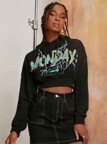 Penelope Ping Lightning & Letter Graphic Drop Shoulder Drawstring Hoodie - Black - View 1