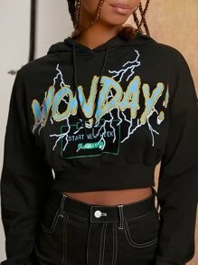 Penelope Ping Lightning & Letter Graphic Drop Shoulder Drawstring Hoodie - Black - View 4