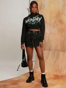 Penelope Ping Lightning & Letter Graphic Drop Shoulder Drawstring Hoodie - Black - View 5