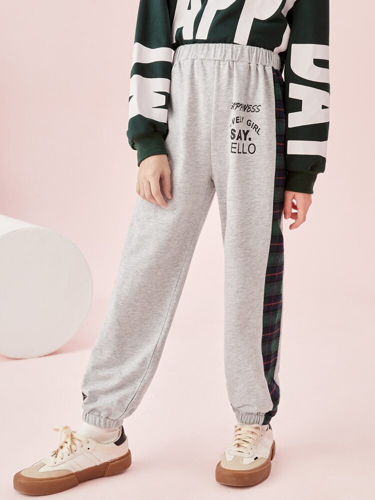 SHEIN Quần thể thao Con gái Lá thư Sọc ca rô - Màu Xám nhạt - Xem 2