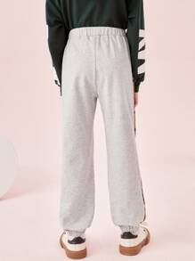 SHEIN 女孩字母圖案拼接側縫衛褲 - 淺灰色 - 查看 3