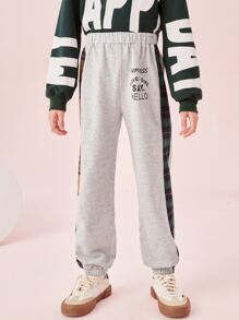 SHEIN 女孩字母圖案拼接側縫衛褲 - 淺灰色 - 查看 5