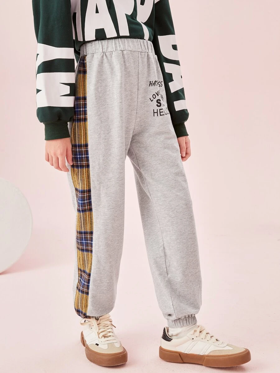 SHEIN 女孩字母圖案拼接側縫衛褲 - 淺灰色 - 查看 1