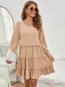 Shirred Cuff Frill Trim Layered Ruffle Hem Dress - Apricot - View 1