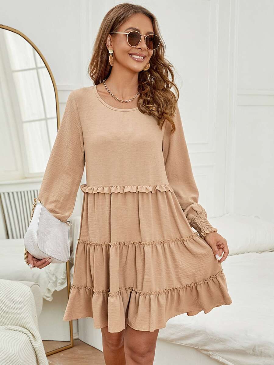 Shirred Cuff Frill Trim Layered Ruffle Hem Dress - Apricot - View 1