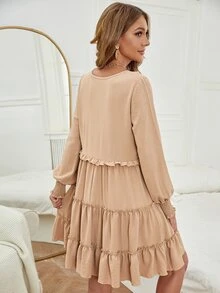 Shirred Cuff Frill Trim Layered Ruffle Hem Dress - Apricot - View 2
