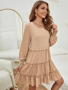 Shirred Cuff Frill Trim Layered Ruffle Hem Dress - Apricot - View 3