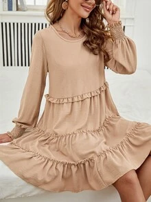 Shirred Cuff Frill Trim Layered Ruffle Hem Dress - Apricot - View 5