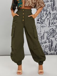 SHEIN SXY High Waist Single Breasted Utility Pocket Cargo Pants
