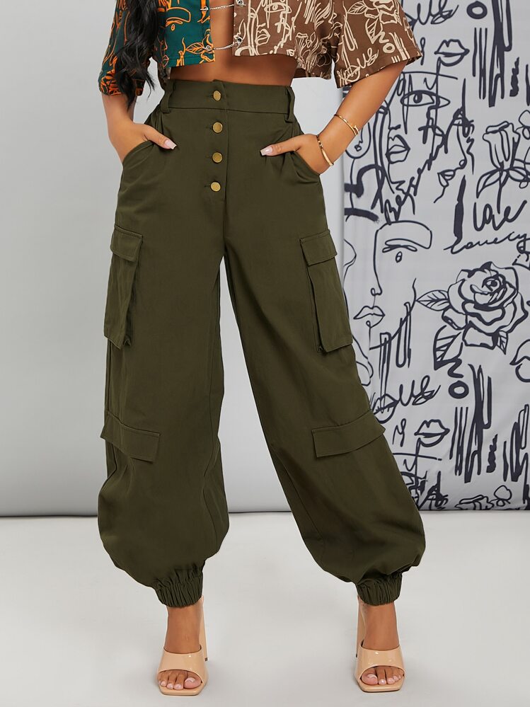 SHEIN SXY High Waist Single Breasted Utility Pocket Cargo Pants - Army Green - View 1