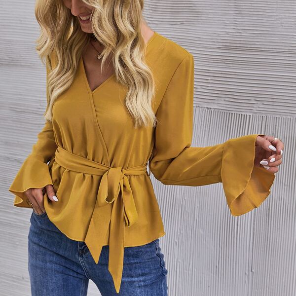 

Wrap Flounce Sleeve Belted Blouse, Mustard yellow