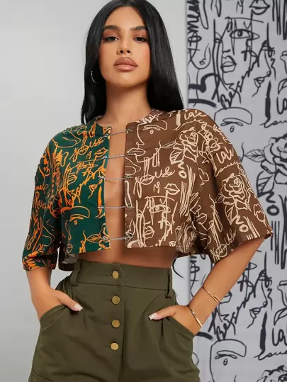 SHEIN SXY Letter And Figure Graphic Color Block Chain Detail Tee