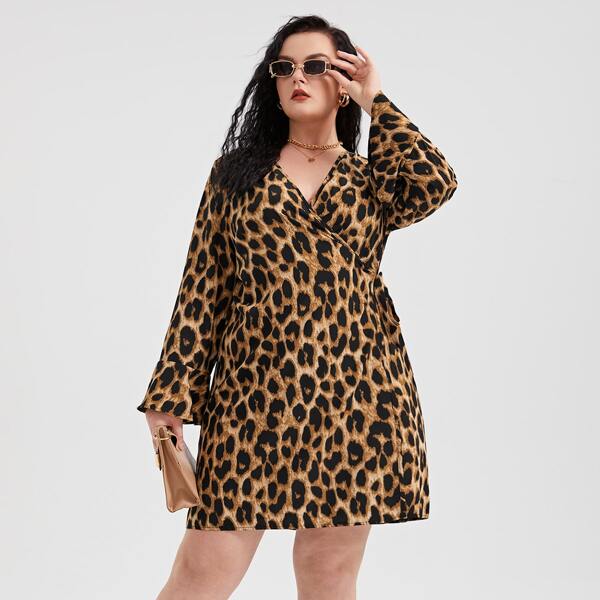 

Plus Leopard Print Tie Side Wrap Dress, Multicolor