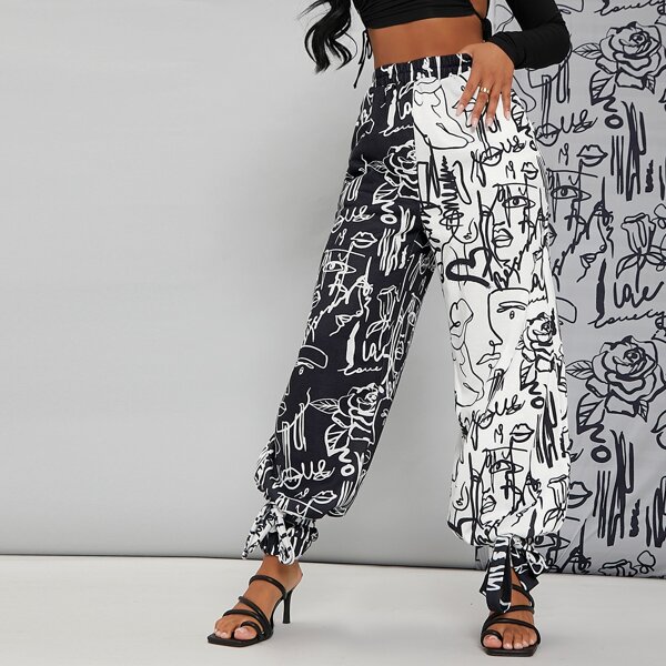 

Graffiti Print Two Tone Sweatpants, Black and white