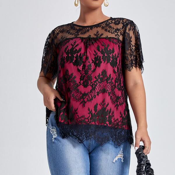 

Plus Lace Chevron Hem Blouse, Multicolor