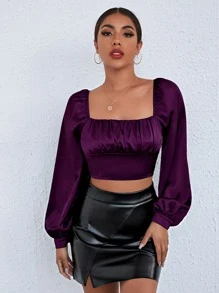 SHEIN BAE Ruched Bust Lantern Sleeve Crop Satin Top - Purple - View 1