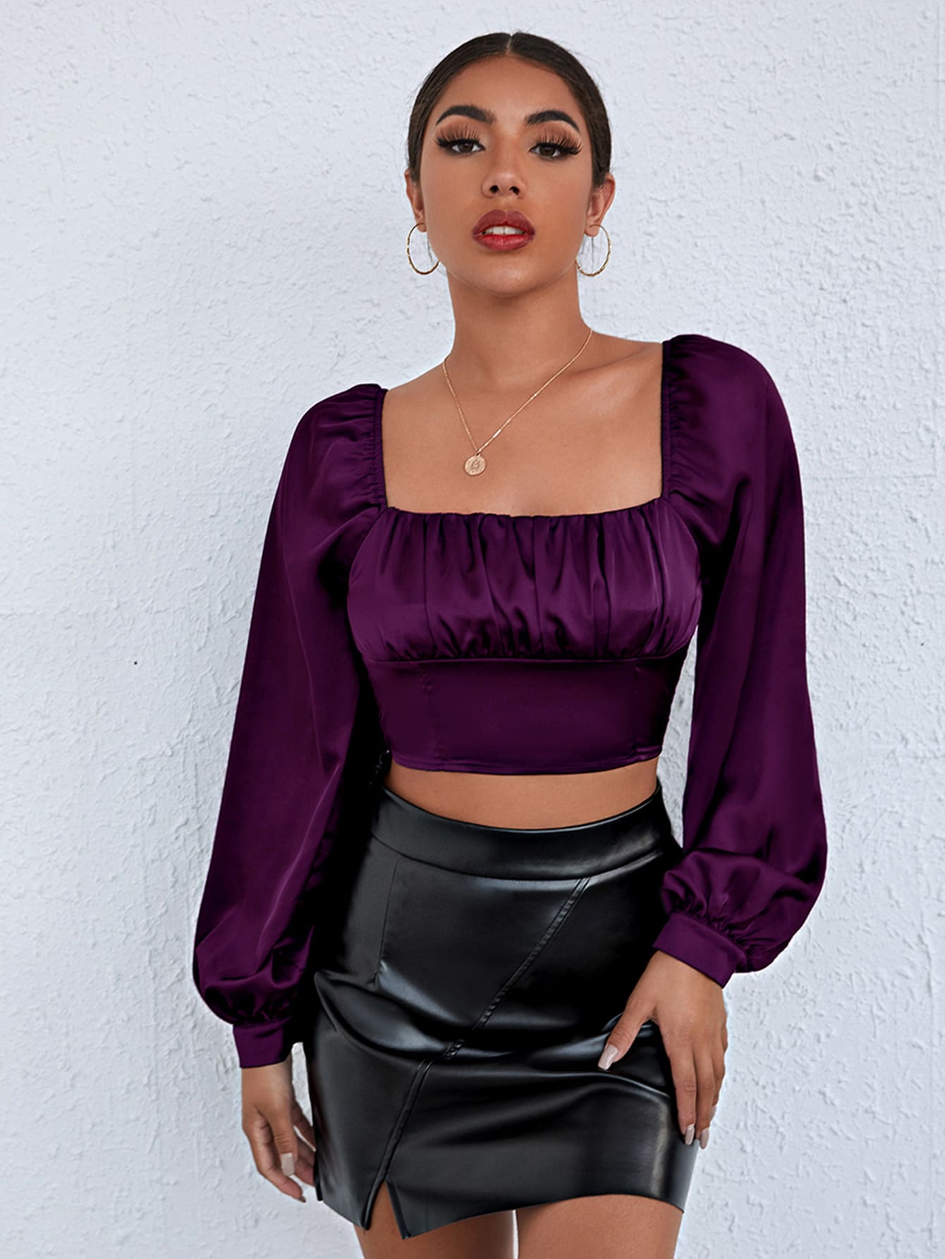 SHEIN BAE Ruched Bust Lantern Sleeve Crop Satin Top - Purple - View 1